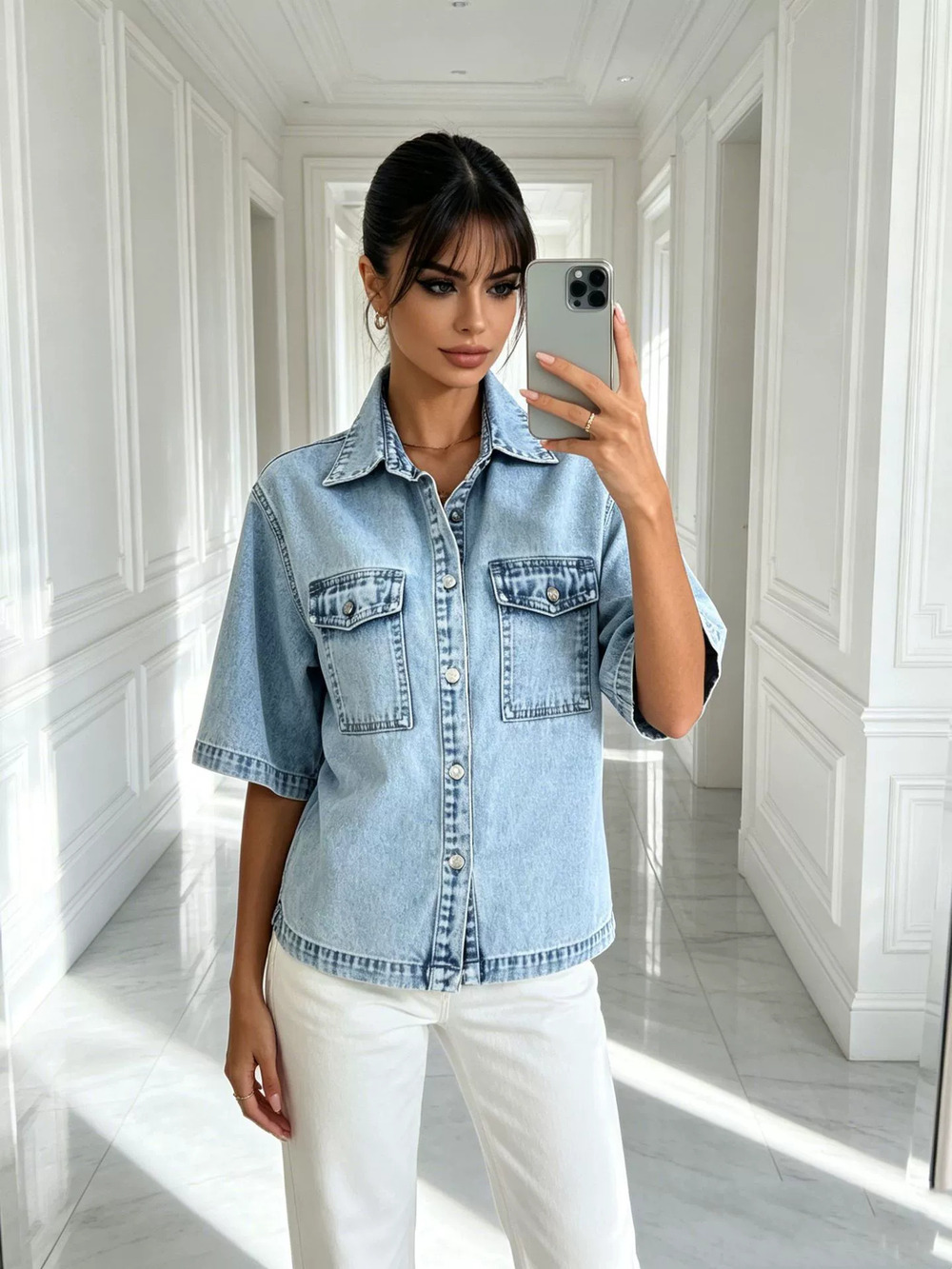 ZARA Minimalist Blue Washed Denim Half Sleeve Two Pocket Collared Loose Shirt